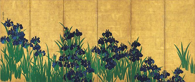 国宝《燕子花図屏風》（左隻）尾形光琳筆 6曲1双、紙本金地着色 日本・江戸時代 18世紀 根津美術館蔵。
