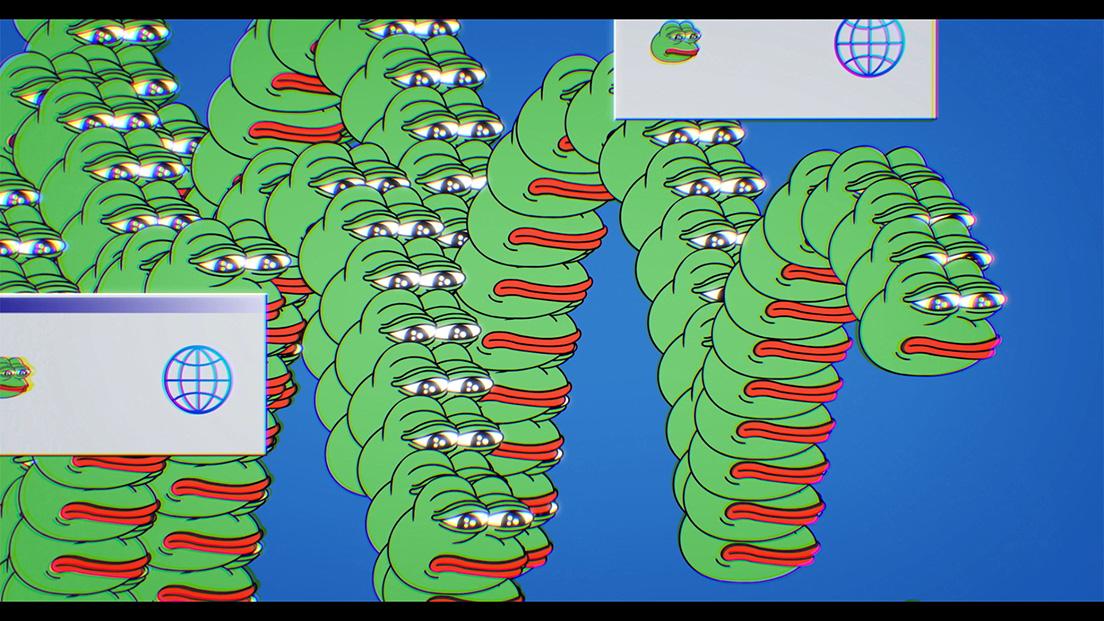 悲しい表情をした「sad frog」はペペのミームの中でも特に人気だ。「インターネットの世界を生きる人々の憂鬱な気持ちを代弁しているのだろう」とアーサーは語る。（C）2020 Feels Good Man Film LLC