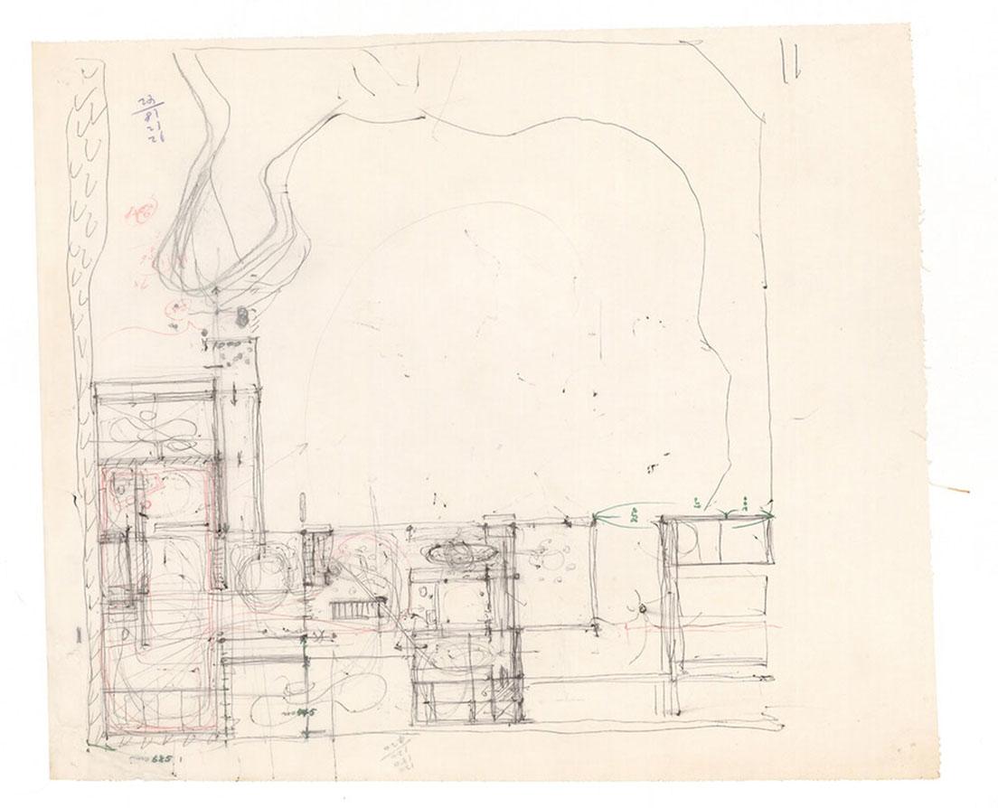 〈成城の自邸〉増改築案。1階がピロティ、2階に和室の居室がある自邸の、実現しなかった幻のプラン。1964年頃、個人蔵。
