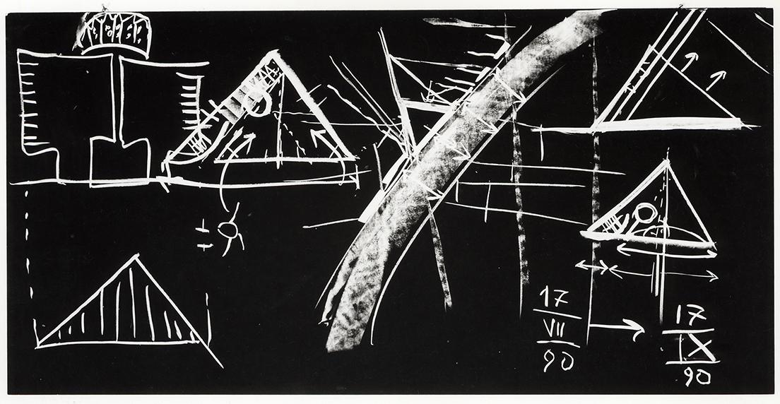 マリオ・ボッタがワタリウムのプレ公開の際に制作した黒板ドローイング。1990年7月17日。