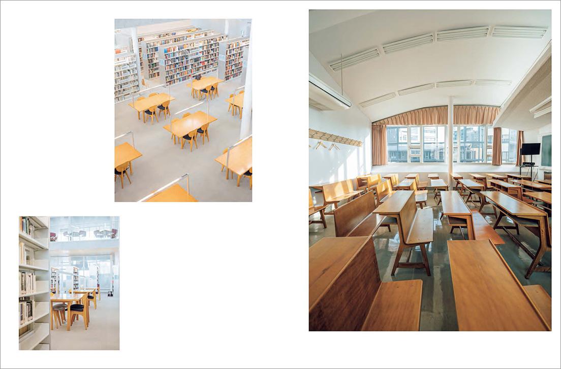 本書より。〈天童木工〉の家具は、現在でも新旧様々な施設で使われている。左頁／日本女子大学図書館（妹島和世建築設計事務所・清水建設設計共同企業体、2019年）　右頁／アテネ・フランセ（吉阪隆正、1962年）
