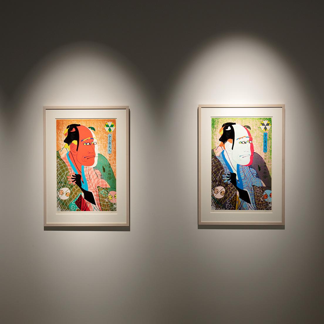 東洲斎写楽《「とら屋虎丸」二代目嵐龍蔵の奴なみ平》をモチーフにした油性木版画シリーズ。