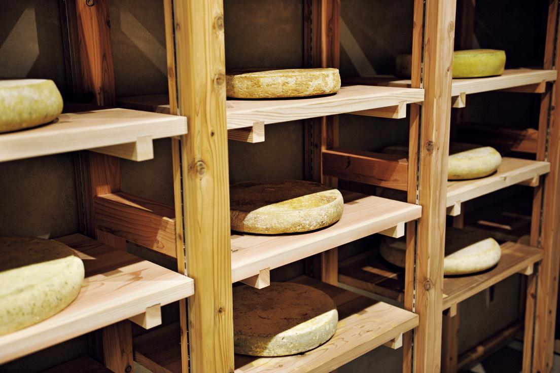 竜王町〈古株牧場〉が監修し作られるチーズ。写真は熟成庫。