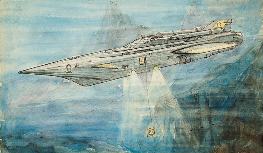 『緯度0大作戦』（1969）より「万能潜水艦アルファ号」デザイン画。戦艦のリアルな描写は自身の戦争経験が影響している。