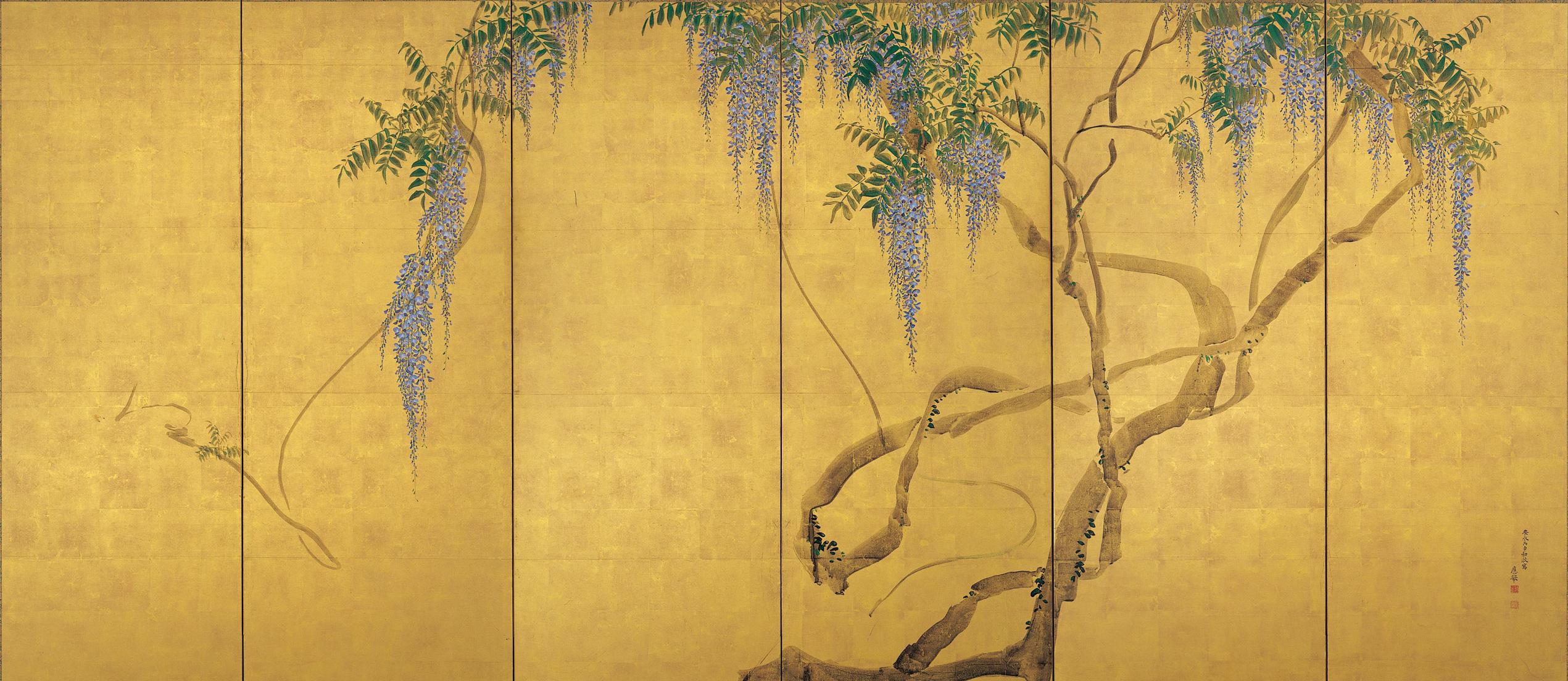 重要文化財《藤花図屏風》（右隻）円山応挙筆 6曲1双、紙本金地着色 日本・江戸時代 安永5年（1776） 根津美術館蔵。