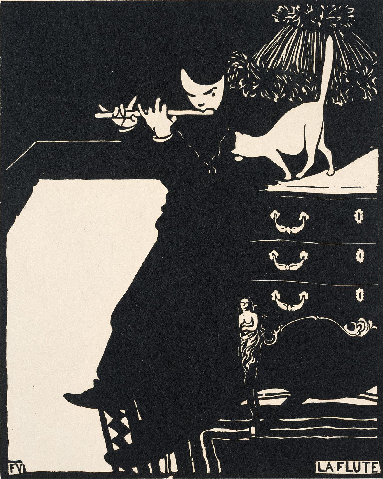 《フルート（楽器Ⅱ）》1896年　木版、紙　三菱一号館美術館　1914年ごろから室内画を描くことが増えたヴァロットン。黒と白の曖昧さのないトーンが逆に、密室の緊張感やミステリアスな雰囲気を醸し出す結果となった。