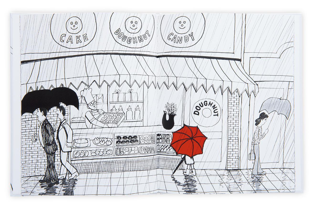 雨の日の赤い傘の女の子を追う、文字のない絵本。『かさ』作・絵：太田大八（文研出版）
