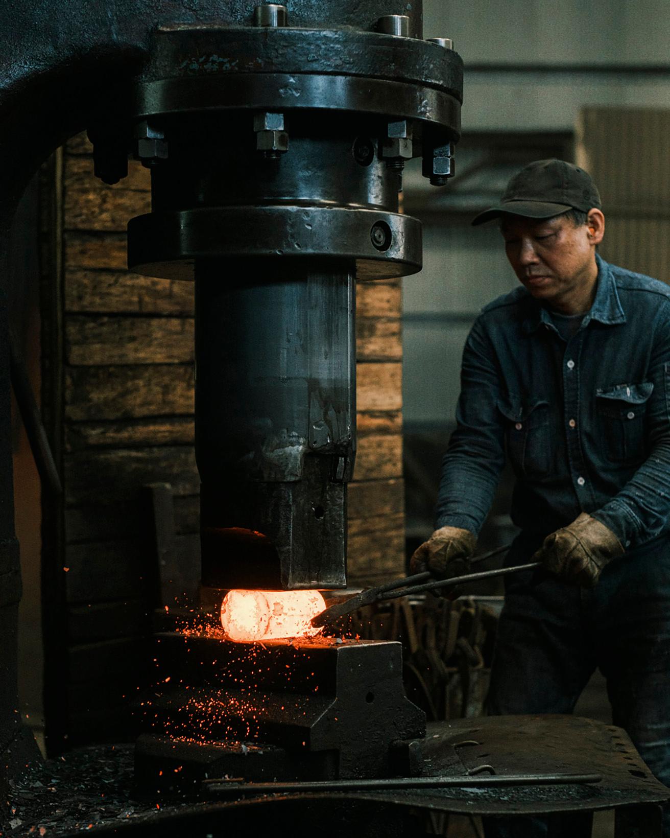 1200〜1250℃に熱した鉄材をエアーハンマーで叩く、鍛造作業の一工程。ちなみに作業服のトップスは〈LEE〉製、ボトムスは地元メーカーのデニム。