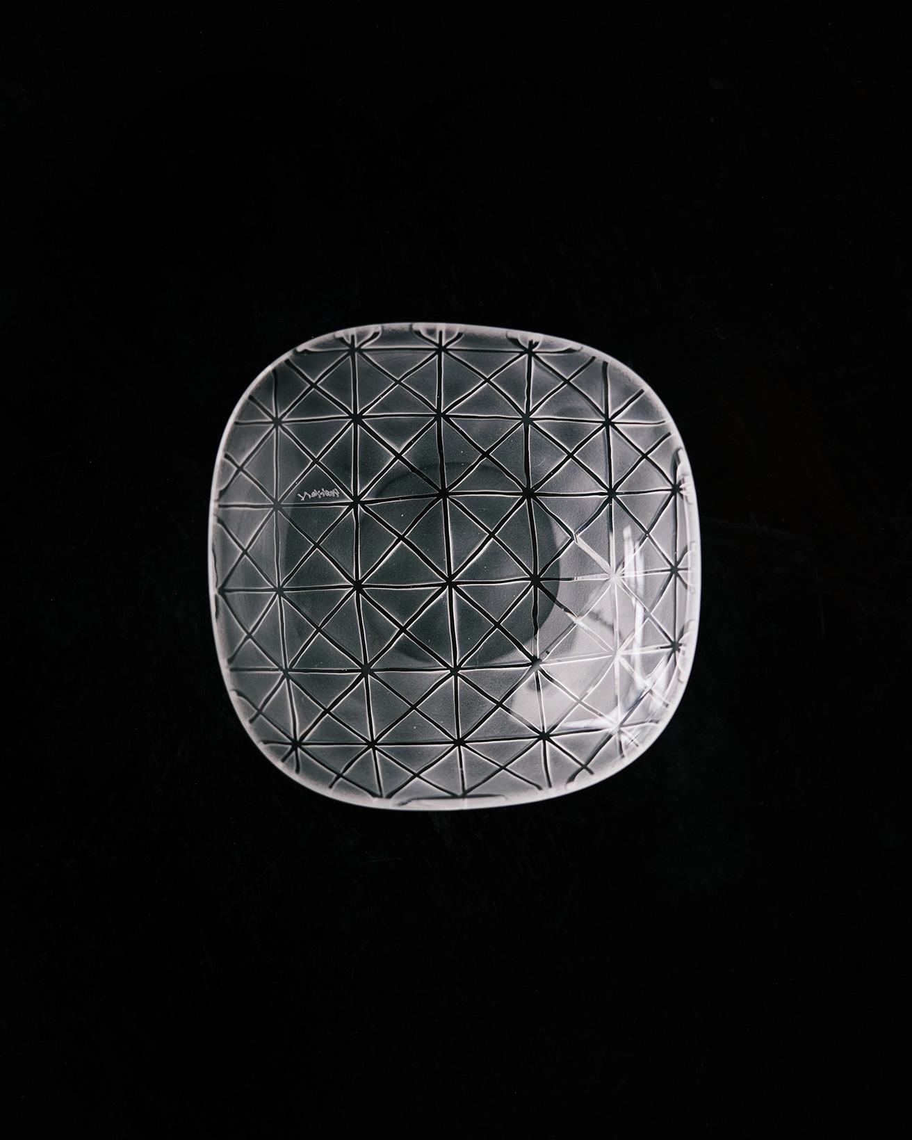 この「豆皿つまみ」の撮影をすると話したら、三重で〈デ カルネロ カステ〉というカステラ屋さんを営んでいる友人が送ってくれました（笑）。ガラスの豆皿は、東京のガラス作家新田佳子さんのもののようです。