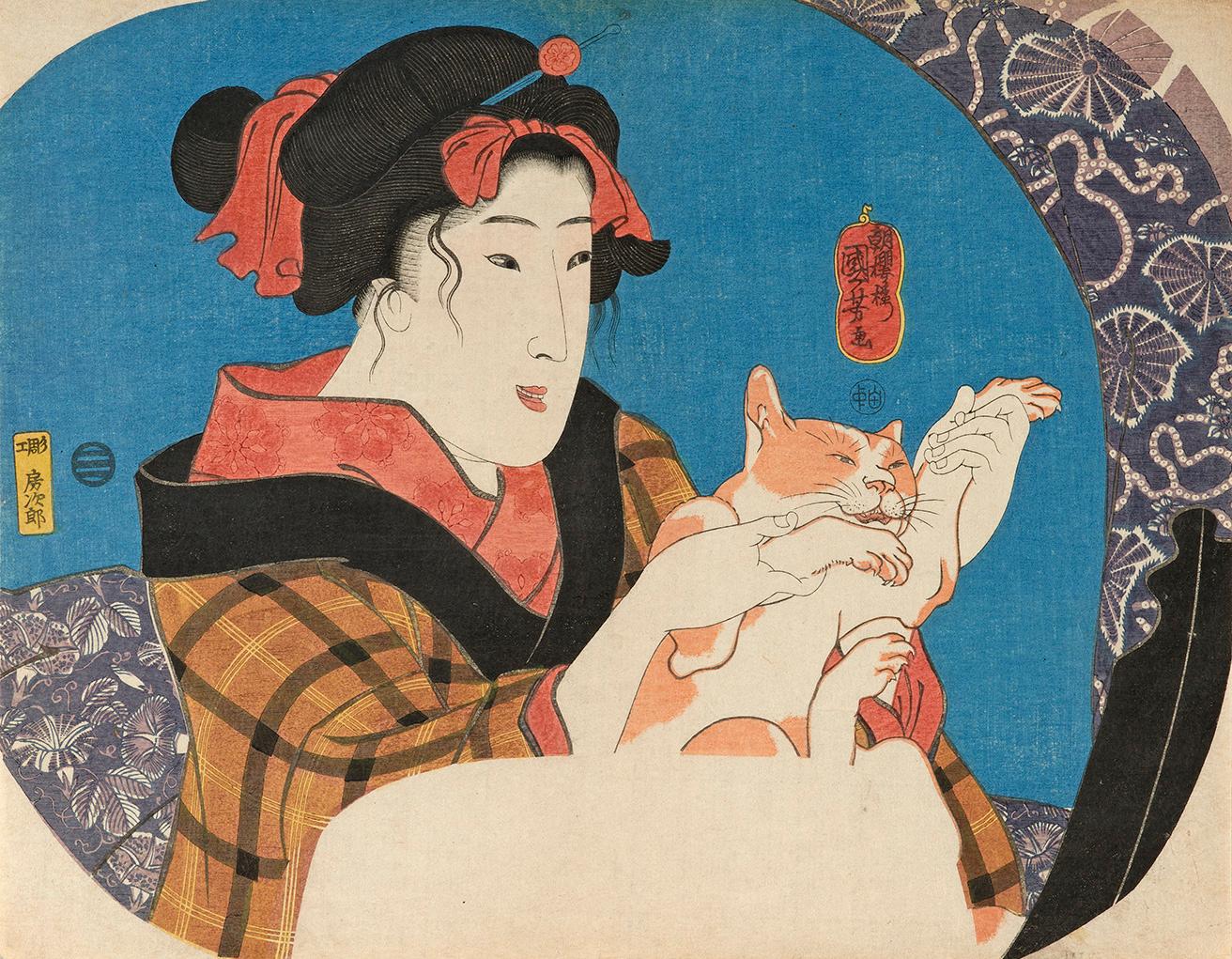 歌川国芳《猫と遊ぶ娘》（弘化2年・1845年頃）。鏡に向かって猫を踊らせている女性。今でもやったことのある人は多いはず。ギャラリー紅屋蔵。