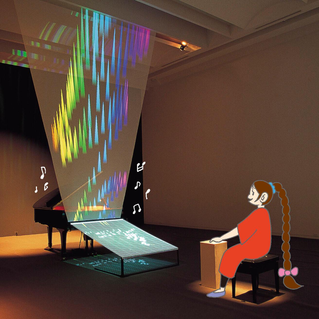 《映像装置としてのピアノ》（1995年）。ピアノとコンピューターグラフィックスが結合され、アコースティックな音とデジタル映像とでハーモニーを生み出す。楽器が演奏できずとも、楽譜が読めずとも、音楽を自由に奏でられるメディアアートを直に体験できる。音と映像と人の一体化をテーマとした岩井の代表作。2000年以降、展示されていなかった作品が20数年ぶりに蘇る！
