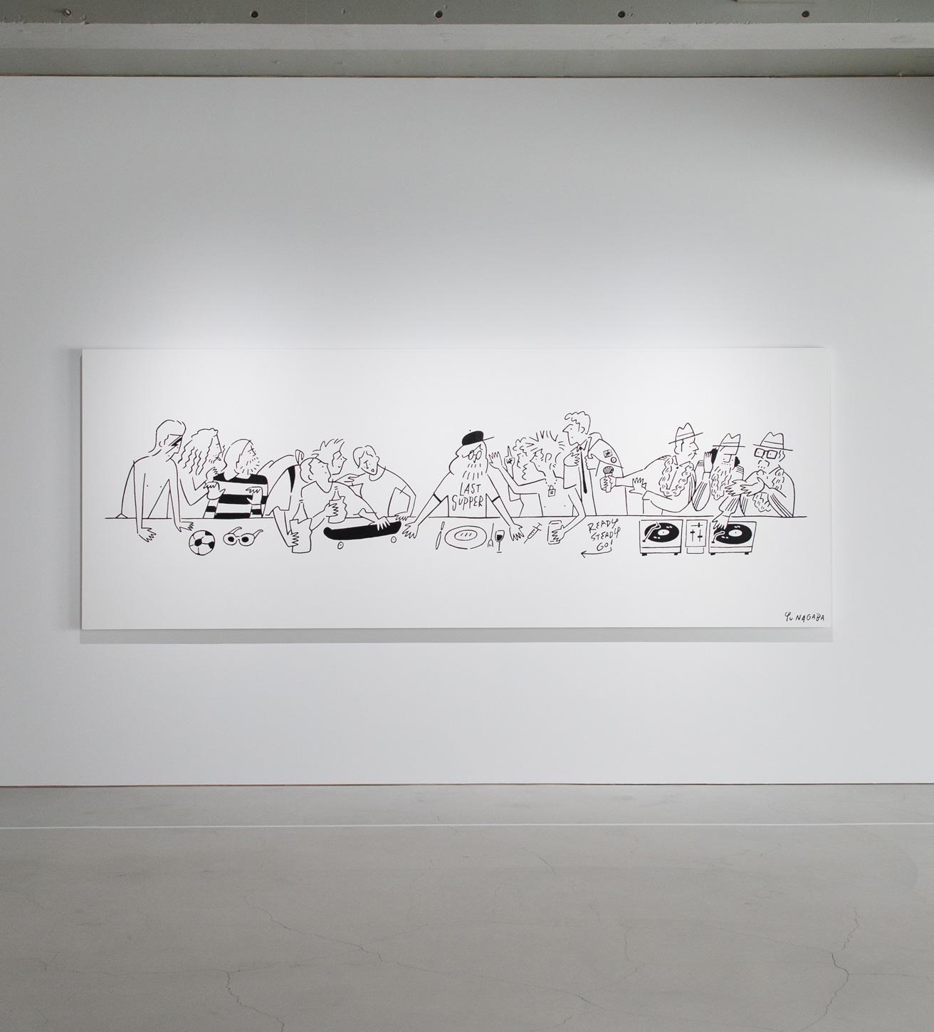 2年前の個展で発表した大型キャンバスワーク《The Last Supper》は、長場流に《最後の晩餐》を解釈した作品。