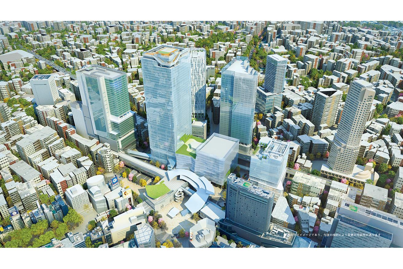 渋谷駅周辺の再開発のイメージパース。各高層ビルのデザインには「デザインアーキテクト」と呼ばれる建築家を起用し、それぞれが個性を活かした街づくりを実践していく。「2027年度頃の渋谷駅周辺のイメージ（上空よりのぞむ）」提供：東急。
