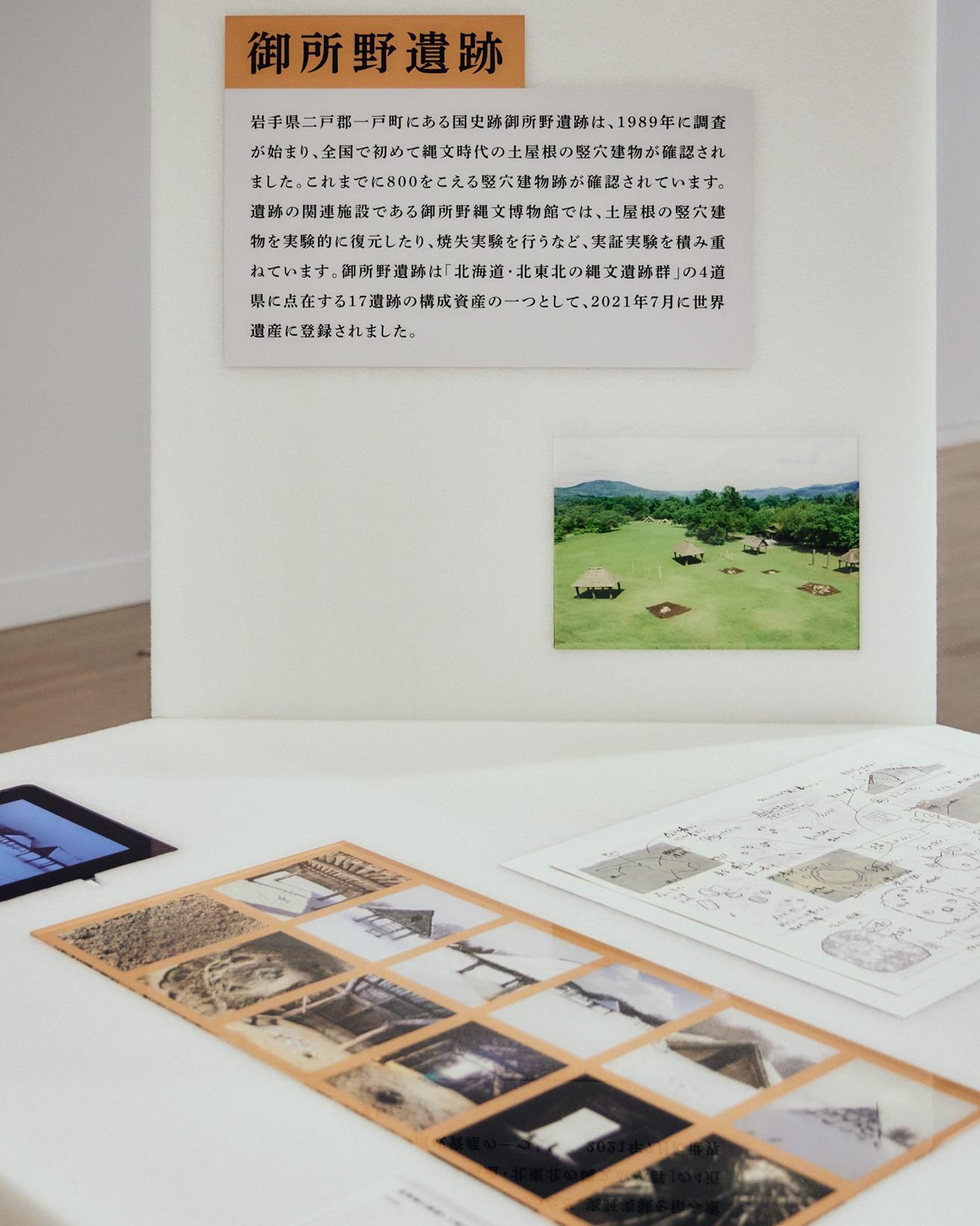 〈御所野縄文博物館〉のある御所野遺跡を写真とともに紹介。国立新美術館展示風景（田根剛 「縄文のムラ」　１万年前の住空間にもデザインがあった）photo_Masanori Kaneshita