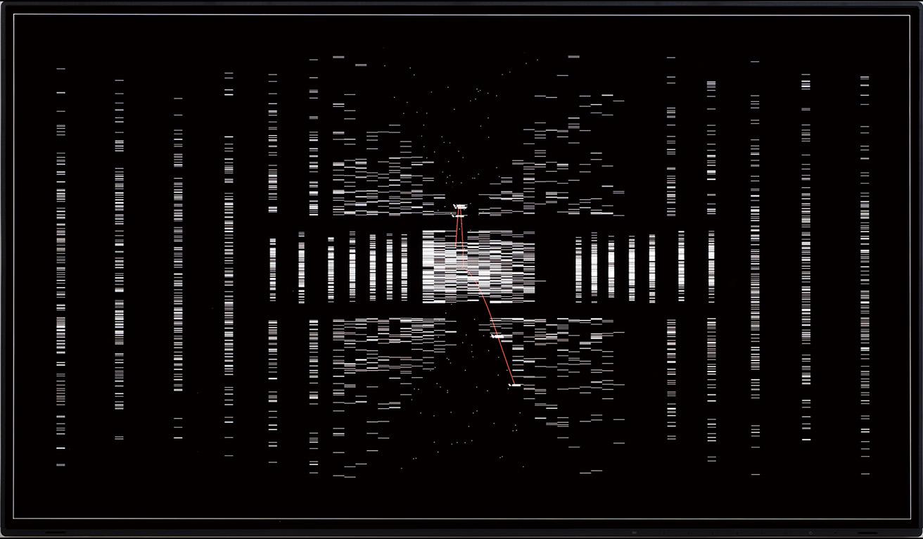 各映像作品は、ミリメートルより小さいピクセルで作られている。OCT 14 - NOV 12, 2022 TARO NASU, Tokyo, JP data.gram Photo by Keizo Kioku materials: LED display, computer dimensions: W71.7 × H41.6cm concept, composition: Ryoji Ikeda