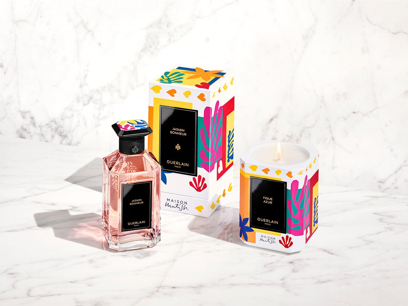 《ラール エ ラ マティエール》コレクションの最新の香り「ジャスミン ボヌール」。左から〈メゾン マティス〉エディションのデザインをエンボス加工で施した「エクセプショナル プレート」キャップの200mlボトル、中央はそのボックス。右はマティスが愛した南仏の芳香を感じさせるイチジクの香りのキャンドル《フィグ アズール フレグラス キャンドル メゾン マティス エディション》。