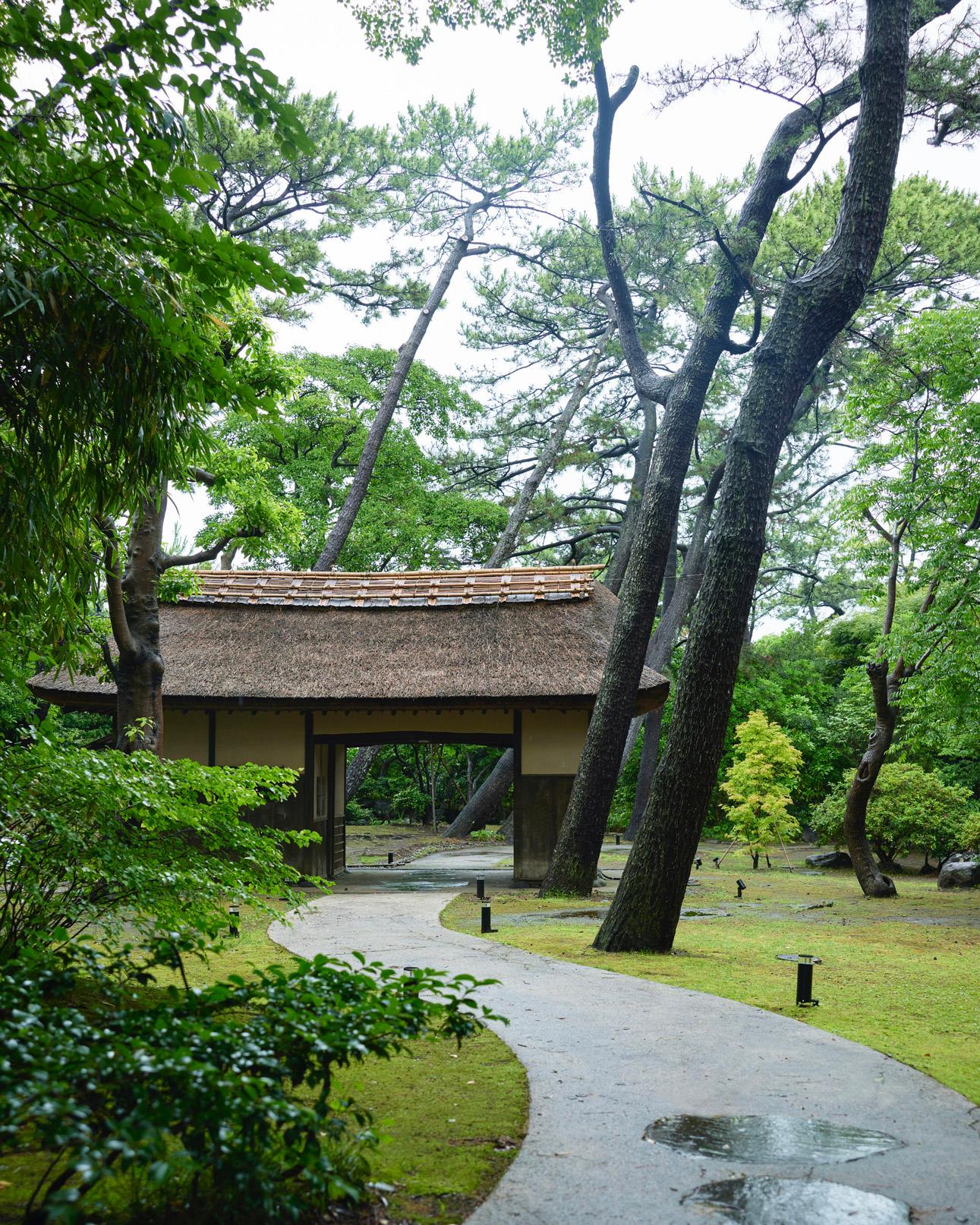 国の有形文化財に登録される茅葺き屋根の長屋門（ながやもん）。1913年に京都で造られたものを、〈沼津倶楽部〉の玄関口に移設した。