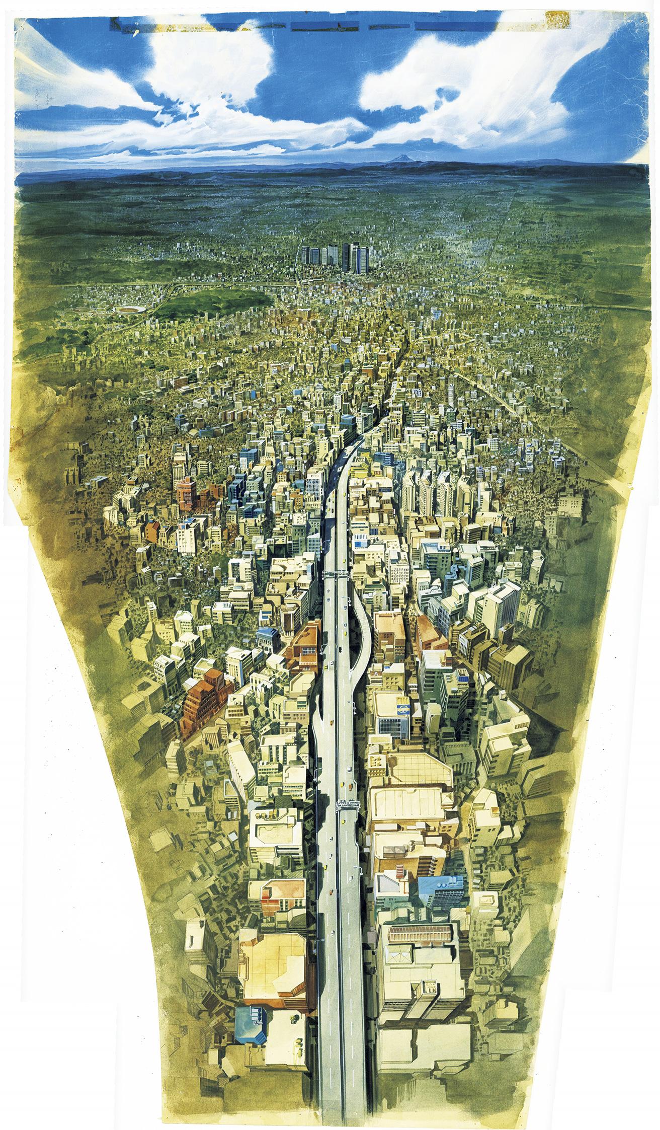 『AKIRA』 1988年公開。監督：大友克洋／美術監督：水谷利春。小林プロダクション美術部で『ルパン三世 カリオストロの城』などを担当した水谷が、丹下健三「東京計画1960」との類縁性も指摘される2019年「ネオ東京」のディストピアを再現。