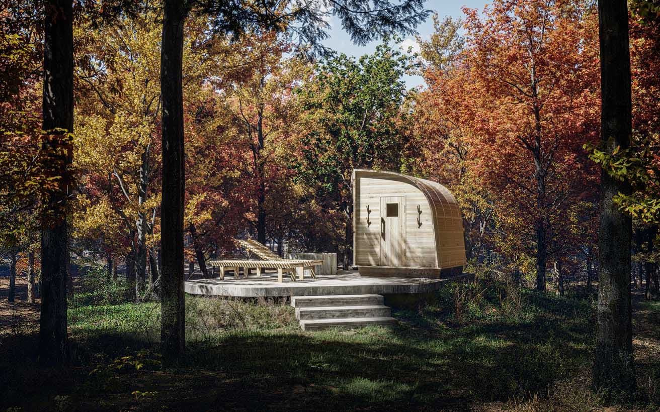 《kupu sauna basic》価格は4,455,000円(本体 4,050,000円:サウナ+ヒーター)、配送施工費は660,000円(本体 600,000円)〜。外気浴で使える写真手前のベンチも熊野がデザインした。